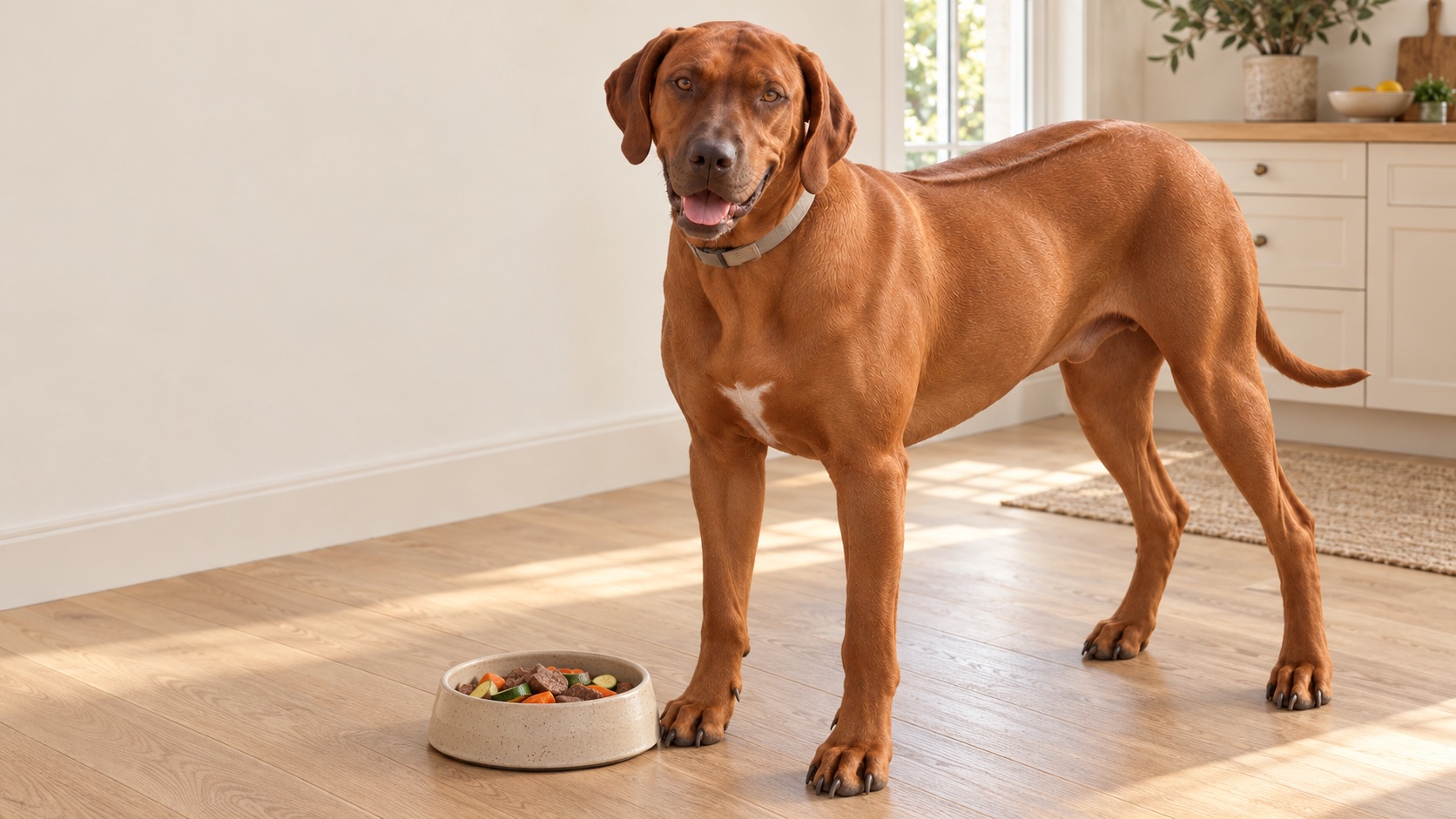 Spokojený ridgeback Barry s bílou náprsenkou stojí v kuchyni vedle misky jídla.