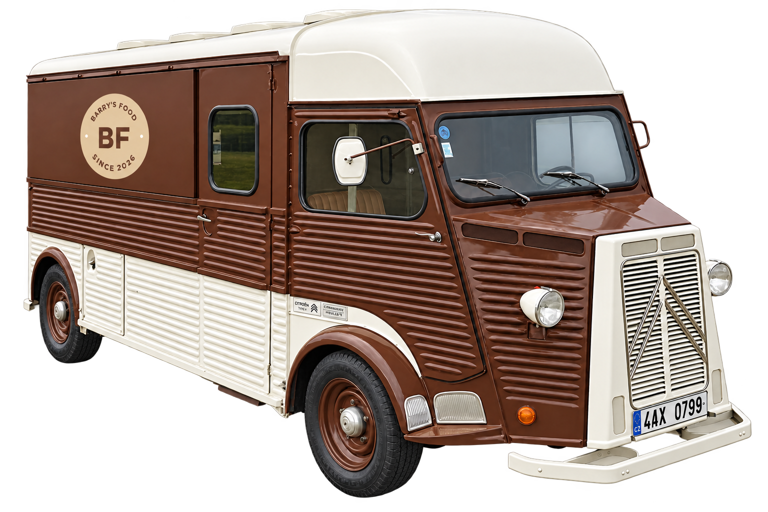 Hnědo-krémový truck Barry's Food, veterán Citroën s kulatým logem BF na boku.