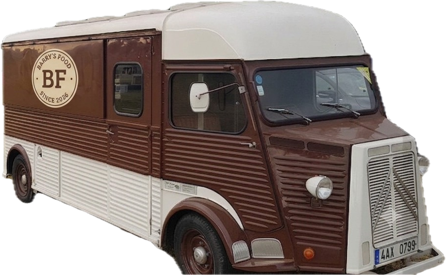 Hnědo-krémový truck Barry's Food, veterán Citroën s kulatým logem BF na boku.